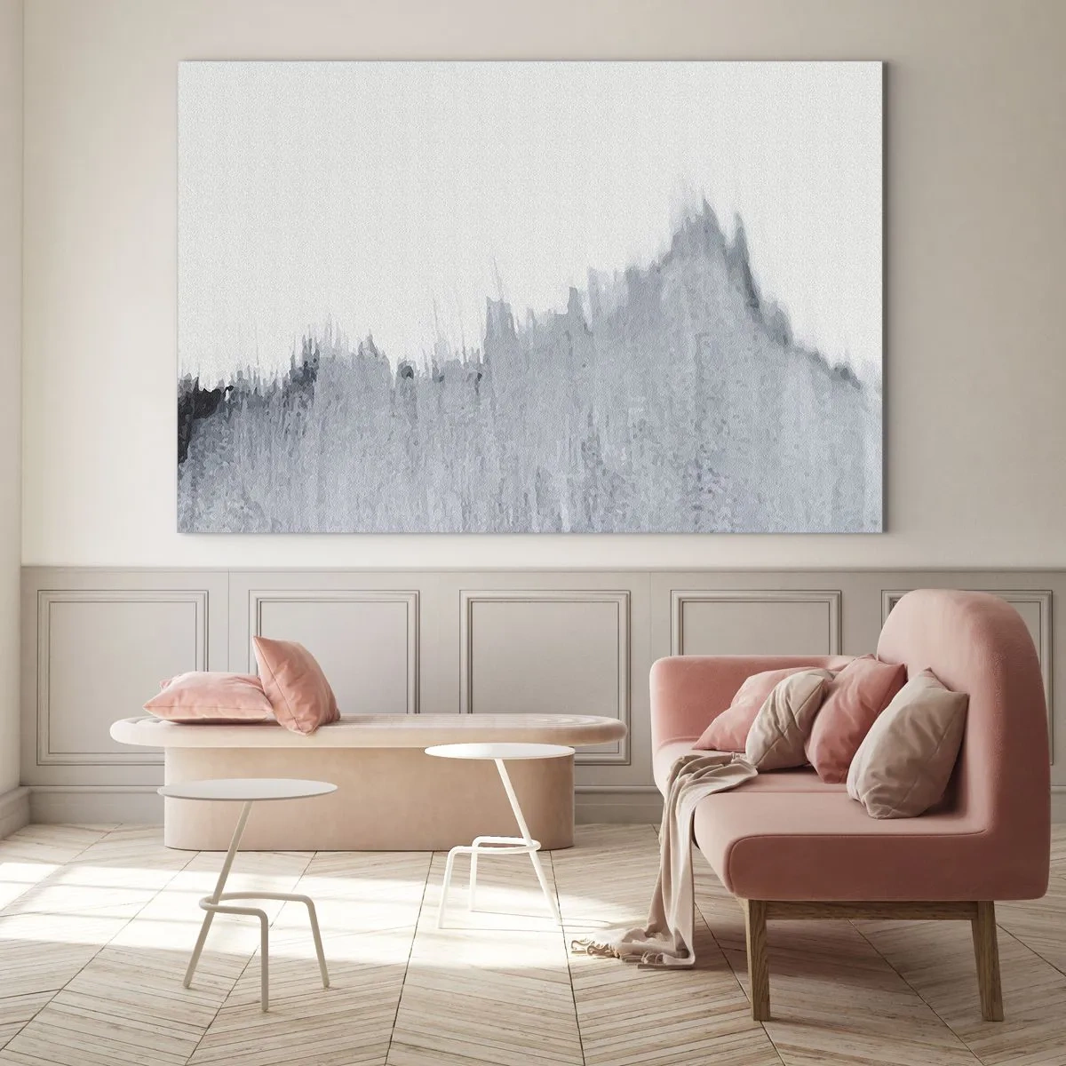 Quadro em vidro - Uma composição abstrata em tons de cinza que lembra um disco sobre um fundo branco. - 70x50cm - Um registo misterioso - Decoração de parede moderna para a sala de estar e quarto ARTTOR