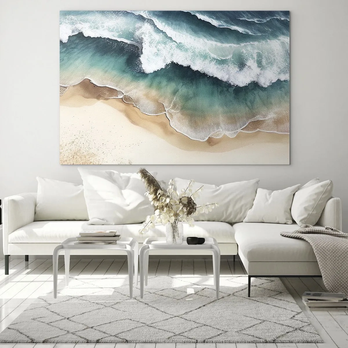Quadro em vidro - Ondas do oceano quebrando em uma praia de areia dourada - 70x50cm - O eterno encontro - Decoração de parede moderna para a sala de estar e quarto ARTTOR