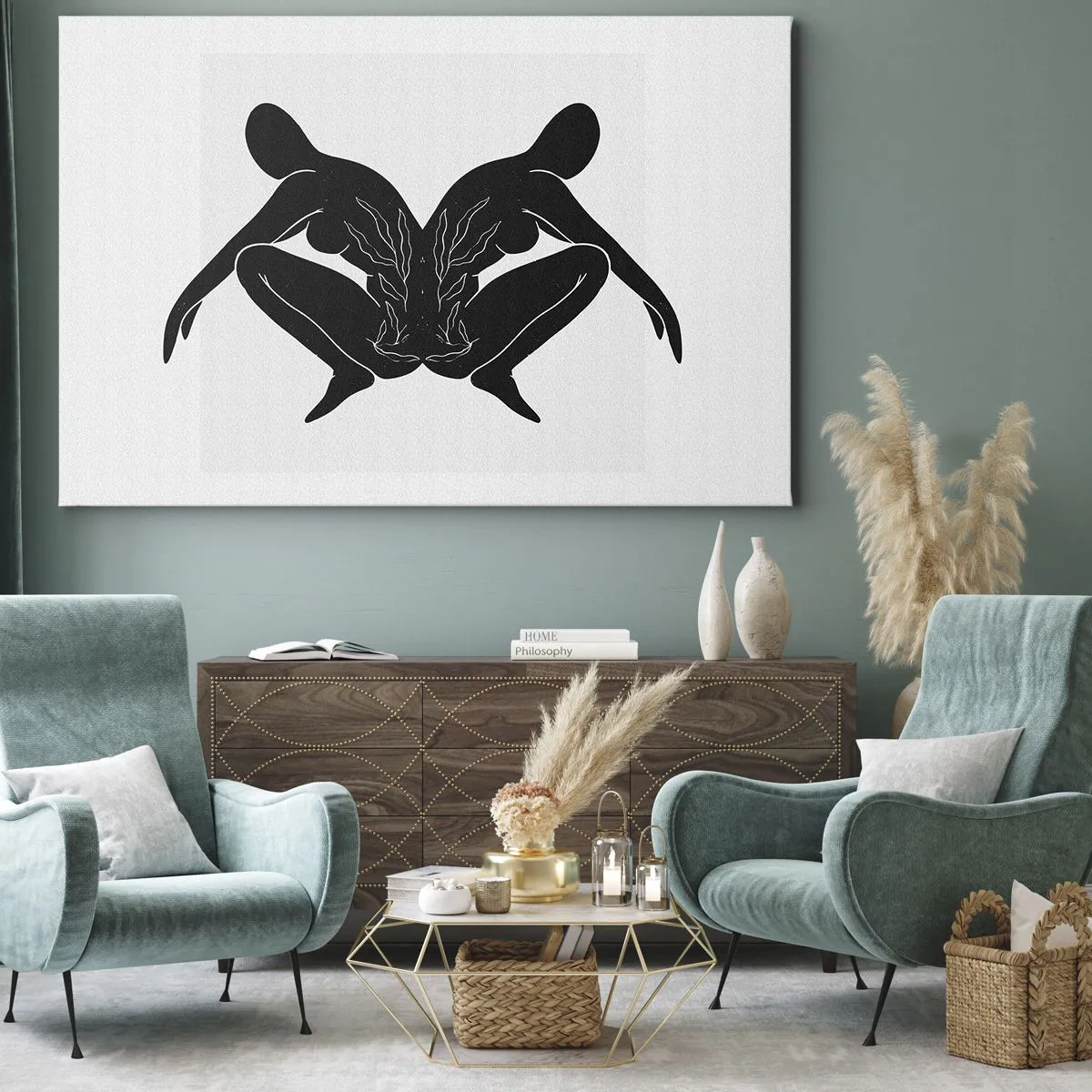 Quadro em tela - Silhuetas pretas em posição simétrica sobre fundo branco - 70x50cm - Uma alma comum - Decoração de parede moderna para a sala de estar e quarto ARTTOR