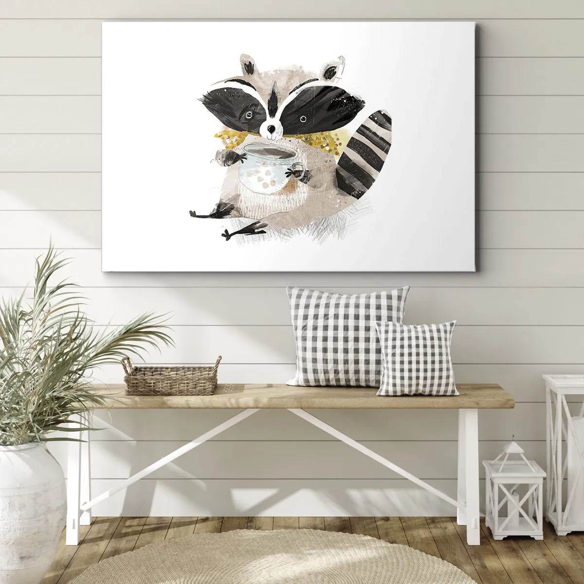 Quadro em tela - Guaxinim adorável segurando uma caneca de cor pastel - 70x50cm - O meu amigo guaxinim - Decoração de parede moderna para a sala de estar e quarto ARTTOR