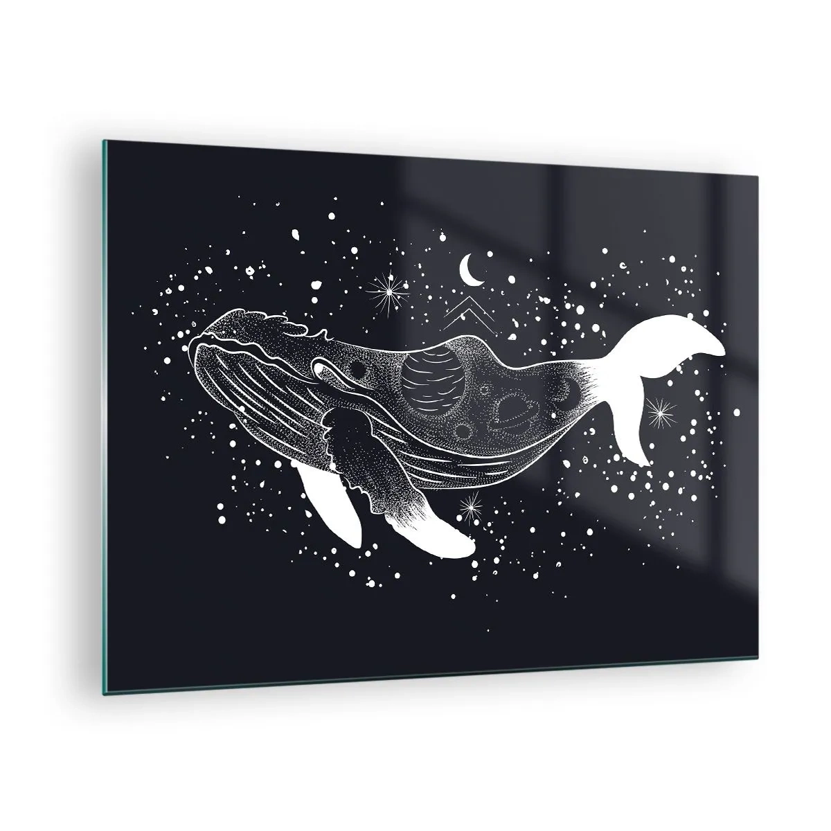 Quadro em vidro - Silhueta branca gráfica de uma baleia flutuando no espaço - 70x50cm - No oceano do universo - Decoração de parede moderna para a sala de estar e quarto ARTTOR