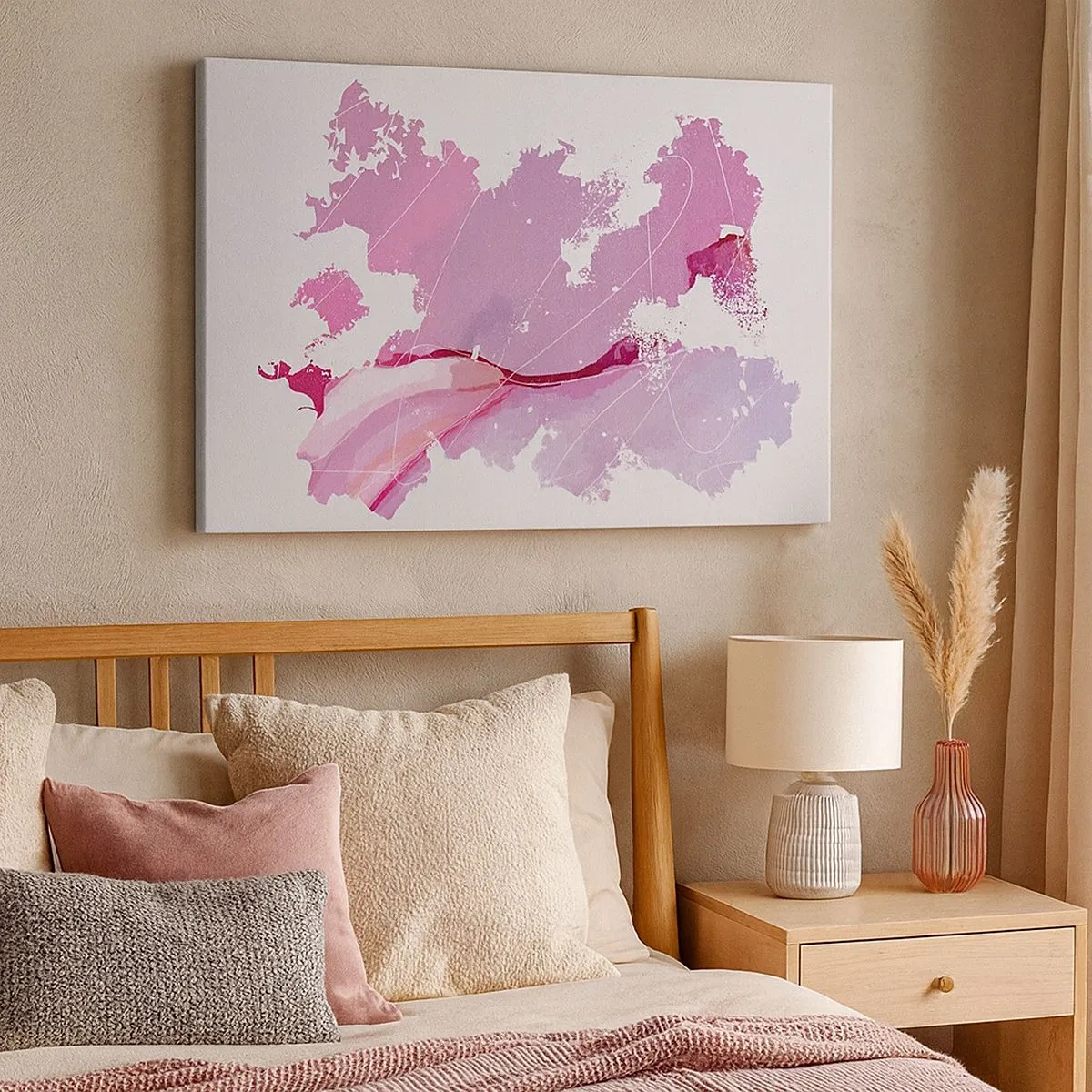Quadro em tela - Mapa-múndi abstrato em tons de rosa - 70x50cm - Mapa do mundo rosa - Decoração de parede moderna para a sala de estar e quarto ARTTOR