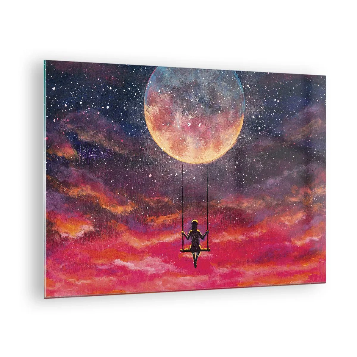 Quadro em vidro - Uma menina em um balanço suspenso sob a lua - 70x50cm - Balanço nas nuvens - Decoração de parede moderna para a sala de estar e quarto ARTTOR