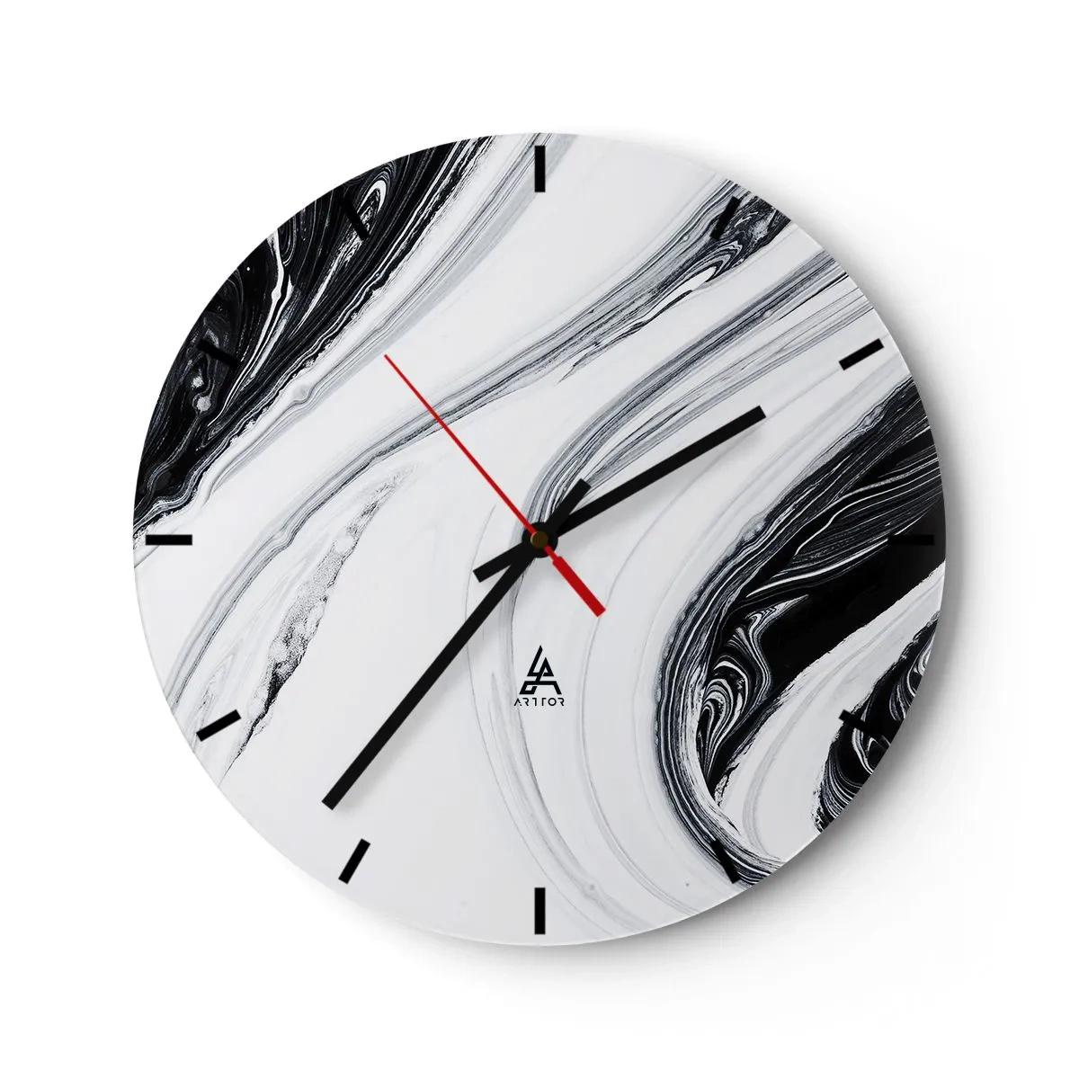 Relógio de parede - Relógio em vidro - Linhas abstratas em preto e branco criam um padrão fluido e contrastante. - 30x30cm - Uma combinação de opostos - Decoração de parede moderna para a sala de estar, cozinha e quarto ARTTOR