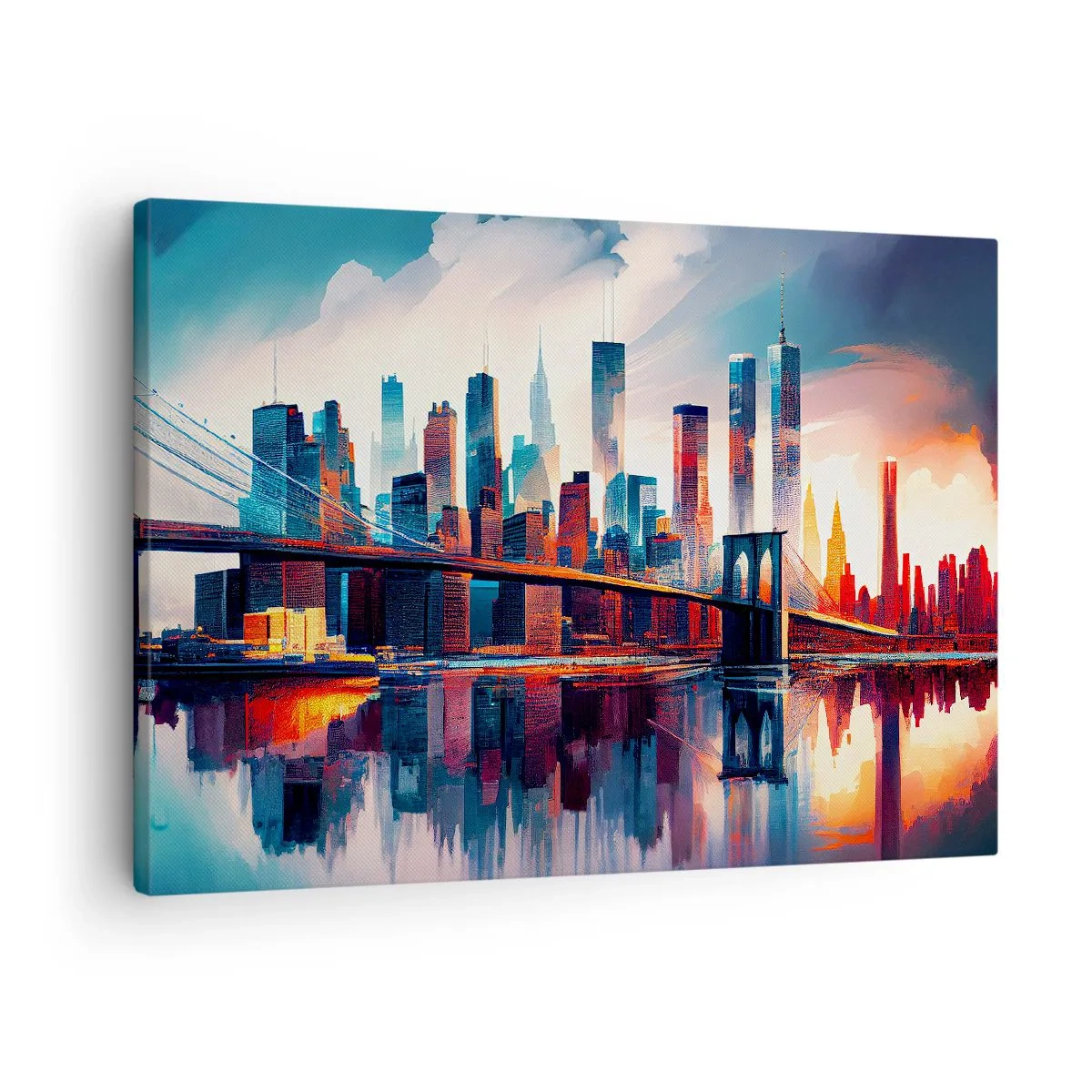Quadro em tela - Panorama da cidade de Nova York com ponte e reflexo na água - 70x50cm - Nova York dos sonhos - Decoração de parede moderna para a sala de estar e quarto ARTTOR