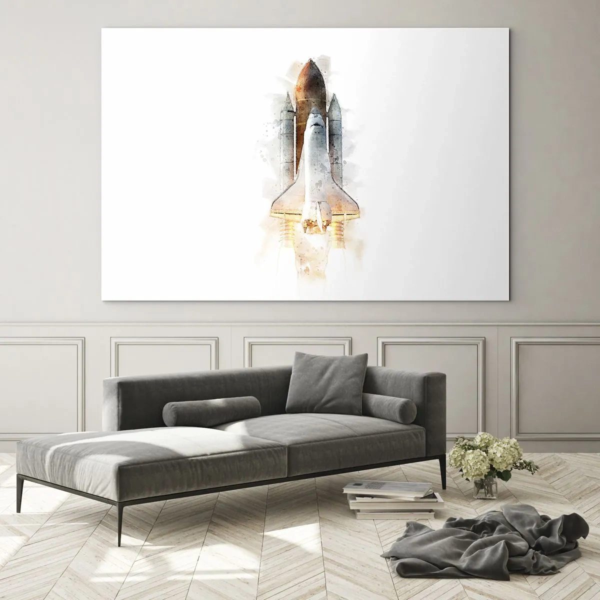 Quadro em vidro - Um ônibus espacial decolando em estilo aquarela sobre fundo branco. - 70x50cm - Exploradores para iniciantes - Decoração de parede moderna para a sala de estar e quarto ARTTOR