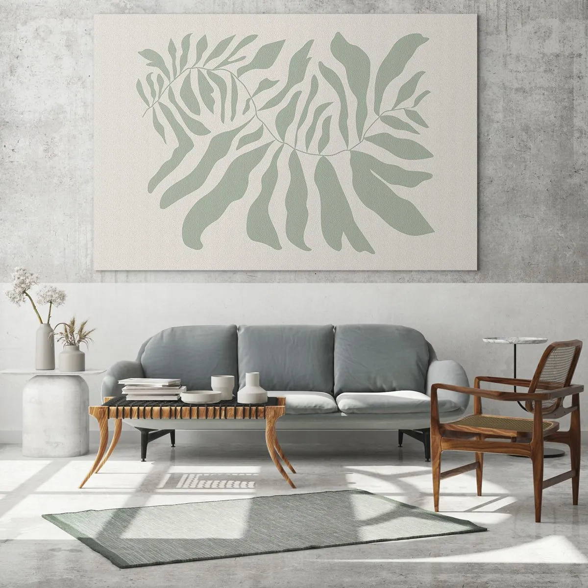 Quadro em vidro - Um ramo de esmeralda com formas orgânicas em um fundo claro - 70x50cm - Galho esmeralda - Decoração de parede moderna para a sala de estar e quarto ARTTOR