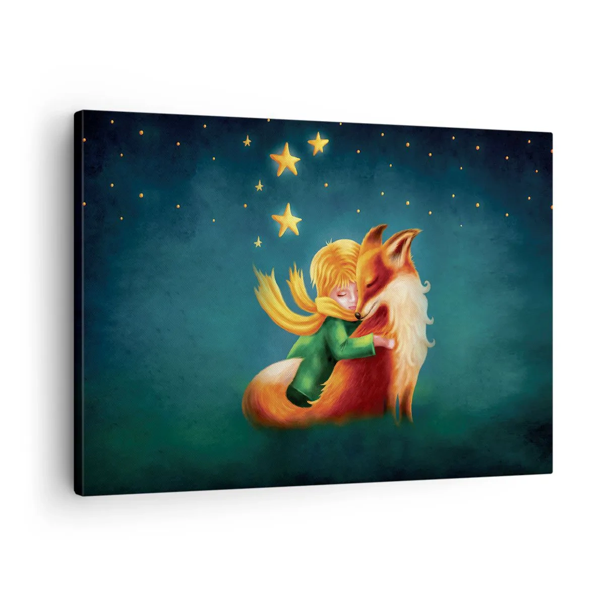 Quadro em tela - Um menino com uma raposa em um cenário mágico com estrelas - 70x50cm - O Pequeno Príncipe - Decoração de parede moderna para a sala de estar e quarto ARTTOR