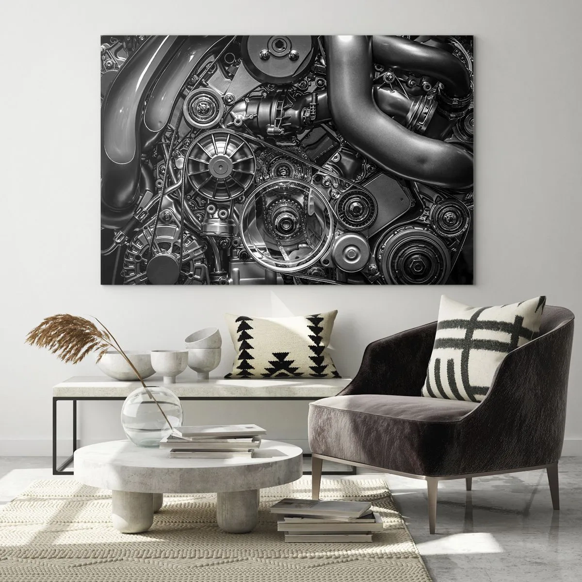 Quadro em vidro - Detalhe de um motor preto e branco com mecanismos visíveis - 70x50cm - A poesia da mecánica - Decoração de parede moderna para a sala de estar e quarto ARTTOR