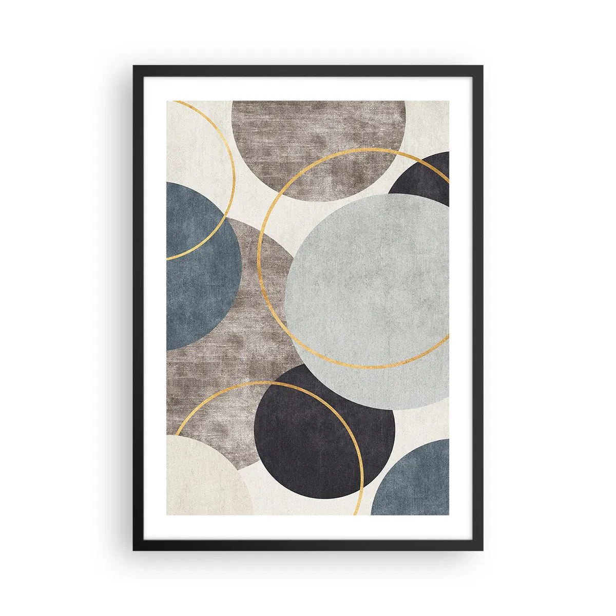 Pôster com moldura preta - Composição geométrica abstrata com círculos em tons de azul. - 50x70cm - Roda por roda - Decoração de parede moderna para a sala de estar e quarto ARTTOR