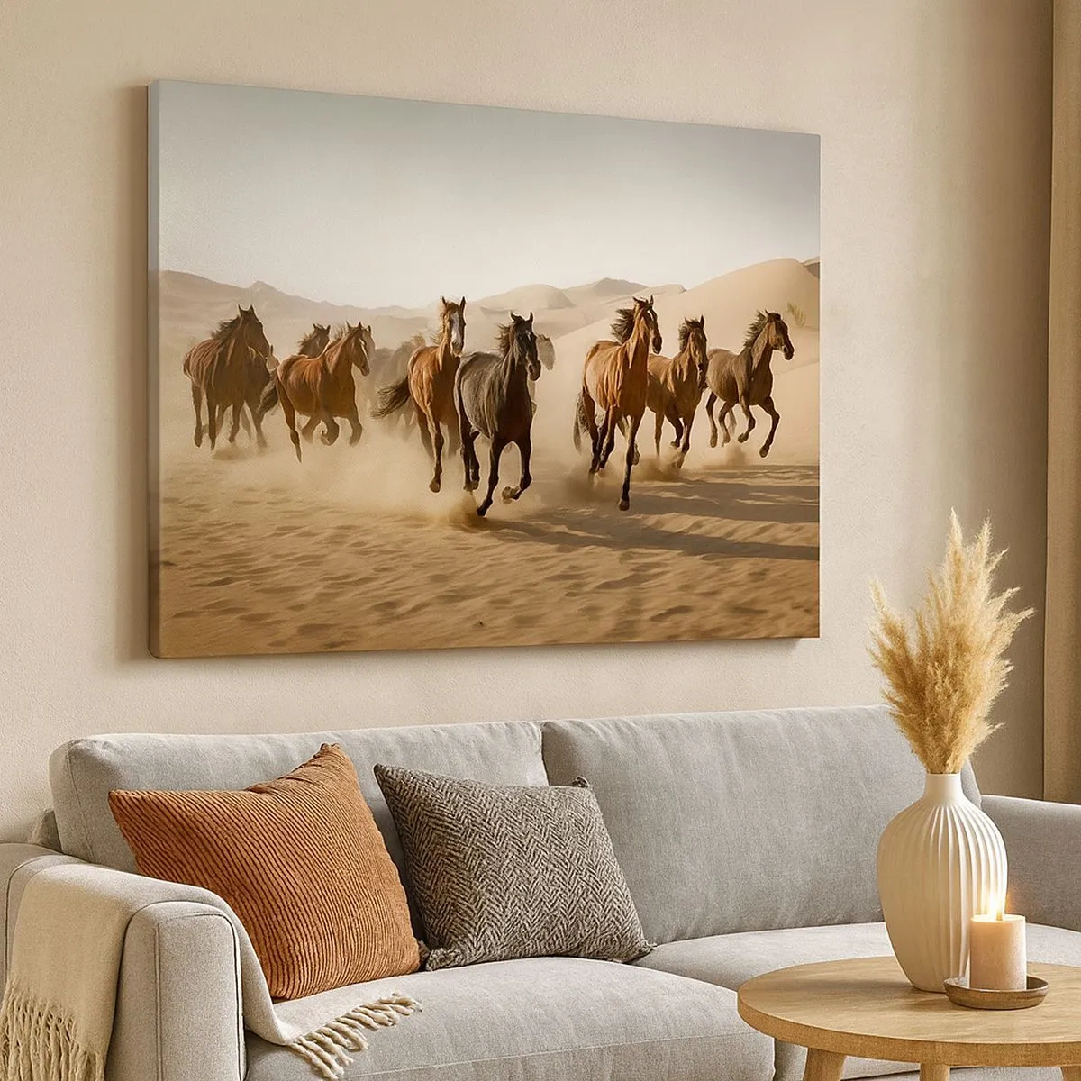Quadro em tela - Cavalos galopando contra um fundo desértico - 70x50cm - Livre como o vento - Decoração de parede moderna para a sala de estar e quarto ARTTOR