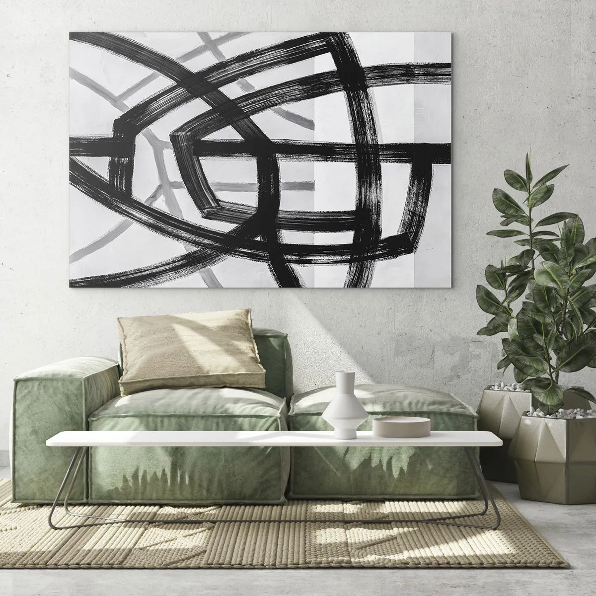 Quadro em vidro - Pinceladas pretas e cinzas criam uma rede dinâmica de linhas. - 70x50cm - Profundidade de construção - Decoração de parede moderna para a sala de estar e quarto ARTTOR