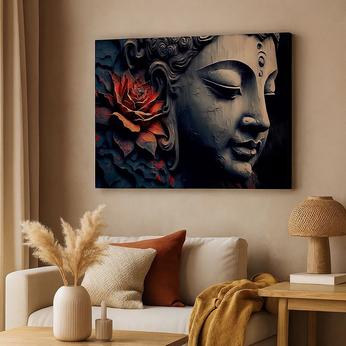 Quadro em tela - Escultura de Buda com uma flor de lótus vermelha - 70x50cm - Em harmonia com o mundo - Decoração de parede moderna para a sala de estar e quarto ARTTOR