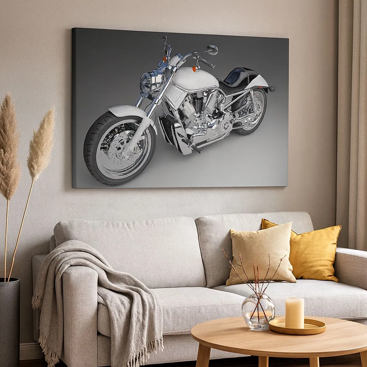 Quadro em tela - Motocicleta cruiser branca em fundo cinza - 70x50cm - Dá vontade de se ajoelhar - Decoração de parede moderna para a sala de estar e quarto ARTTOR
