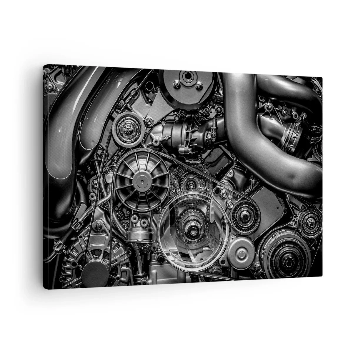 Quadro em tela - Close em preto e branco dos detalhes mecânicos de um motor de carro. - 70x50cm - A poesia da mecánica - Decoração de parede moderna para a sala de estar e quarto ARTTOR