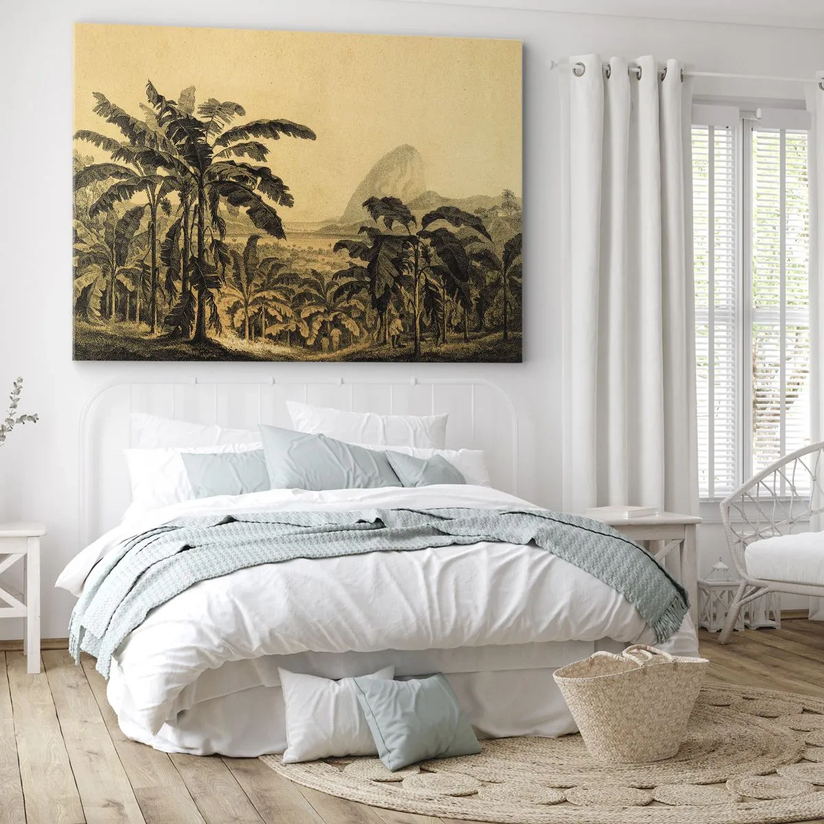 Quadro em tela - Desenho de bananeiras em um fundo de paisagem tropical - 70x50cm - num clima colonial - Decoração de parede moderna para a sala de estar e quarto ARTTOR