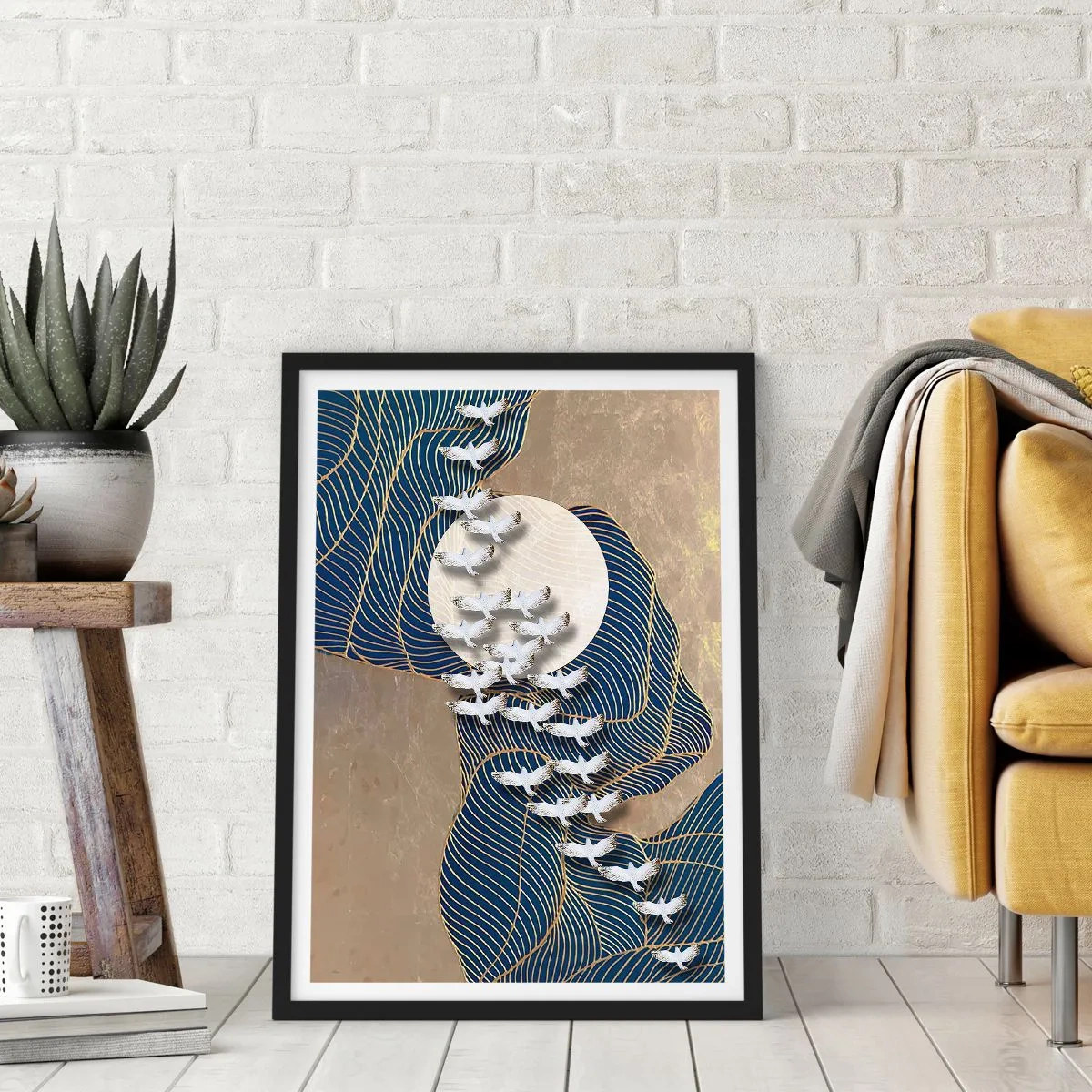 Pôster com moldura preta - Composição abstrata com pássaros e a lua em tons dourados - 50x70cm - Liberdade, peregrinação, comunidade - Decoração de parede moderna para a sala de estar e quarto ARTTOR