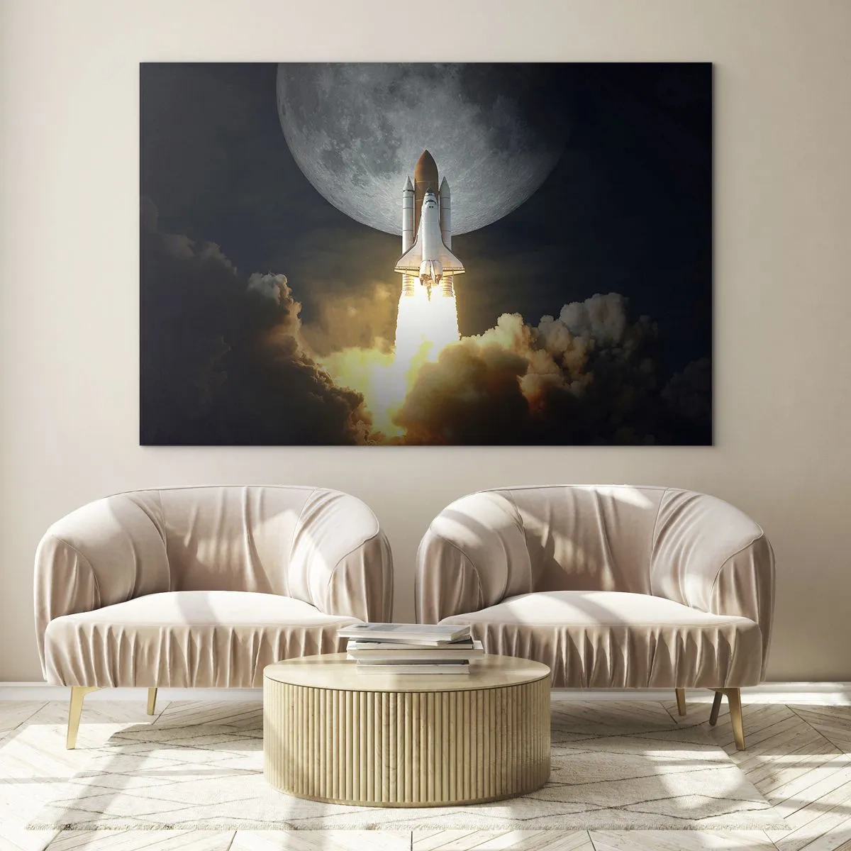 Quadro em vidro - O lançamento de um foguete espacial tendo como pano de fundo a lua e o céu noturno. - 70x50cm - O início de uma aventura sobrenatural - Decoração de parede moderna para a sala de estar e quarto ARTTOR