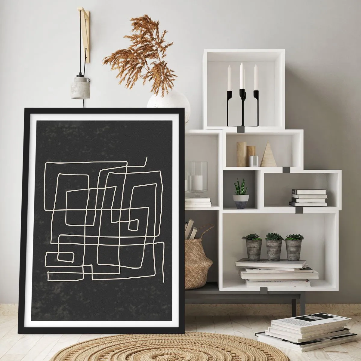 Pôster com moldura preta - Abstração geométrica em fundo preto - 50x70cm - Não é tão simples - Decoração de parede moderna para a sala de estar e quarto ARTTOR