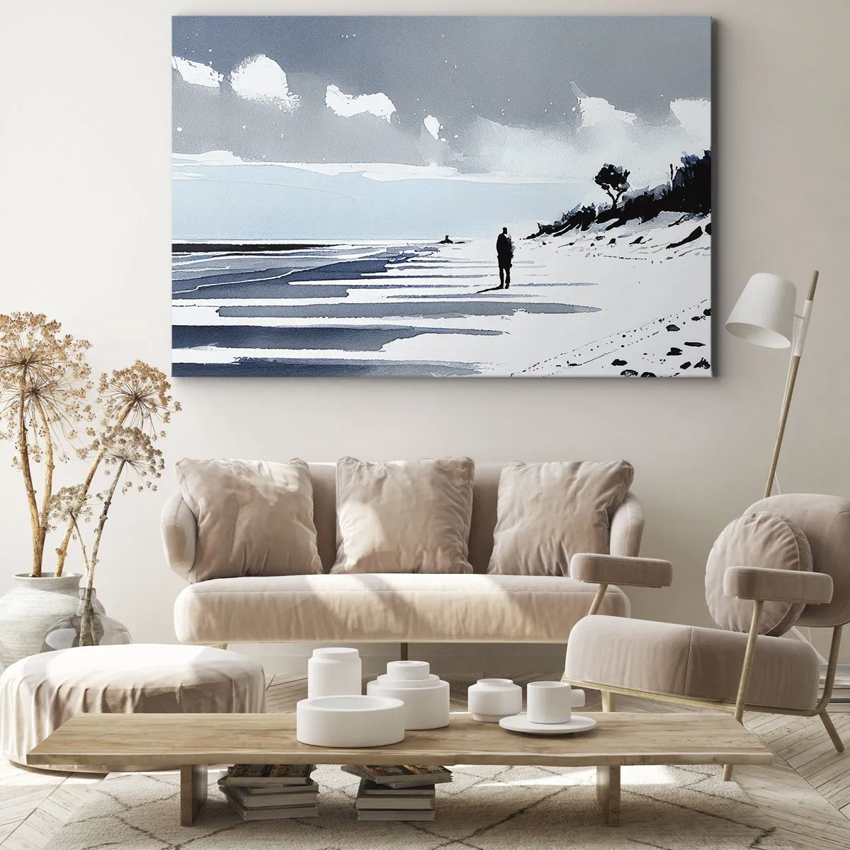 Quadro em tela - Uma figura solitária caminhando em uma praia vazia - 70x50cm - Sozinho - Decoração de parede moderna para a sala de estar e quarto ARTTOR