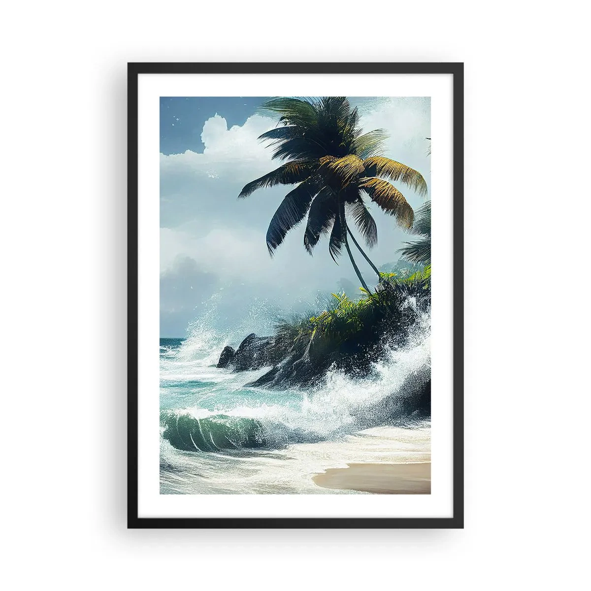 Pôster com moldura preta - Praia tropical com palmeiras e oceano agitado - 50x70cm - Em uma costa tropical - Decoração de parede moderna para a sala de estar e quarto ARTTOR