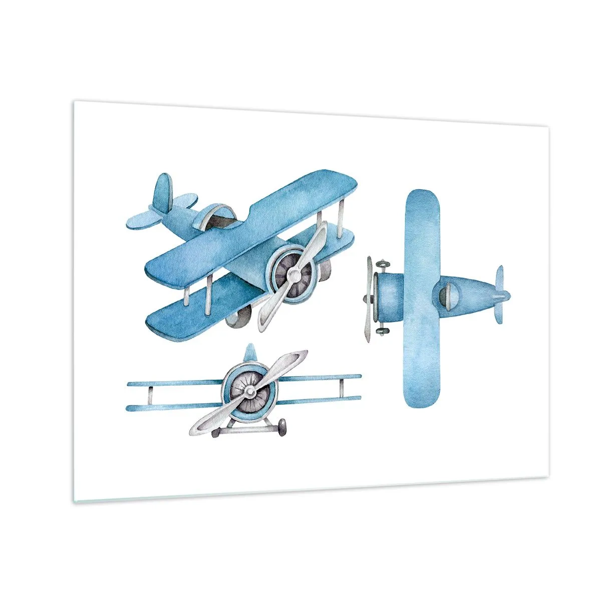 Quadro em vidro - Aviões retrô azuis em fundo branco para crianças - 70x50cm - Um vencedor nato - Decoração de parede moderna para a sala de estar e quarto ARTTOR