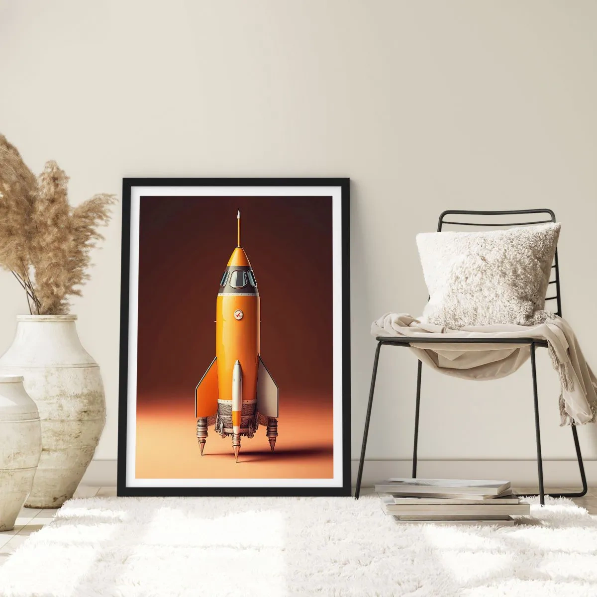 Pôster com moldura preta - Um foguete espacial moderno contra um fundo de cores quentes. - 50x70cm - Tudo começa com um sonho - Decoração de parede moderna para a sala de estar e quarto ARTTOR