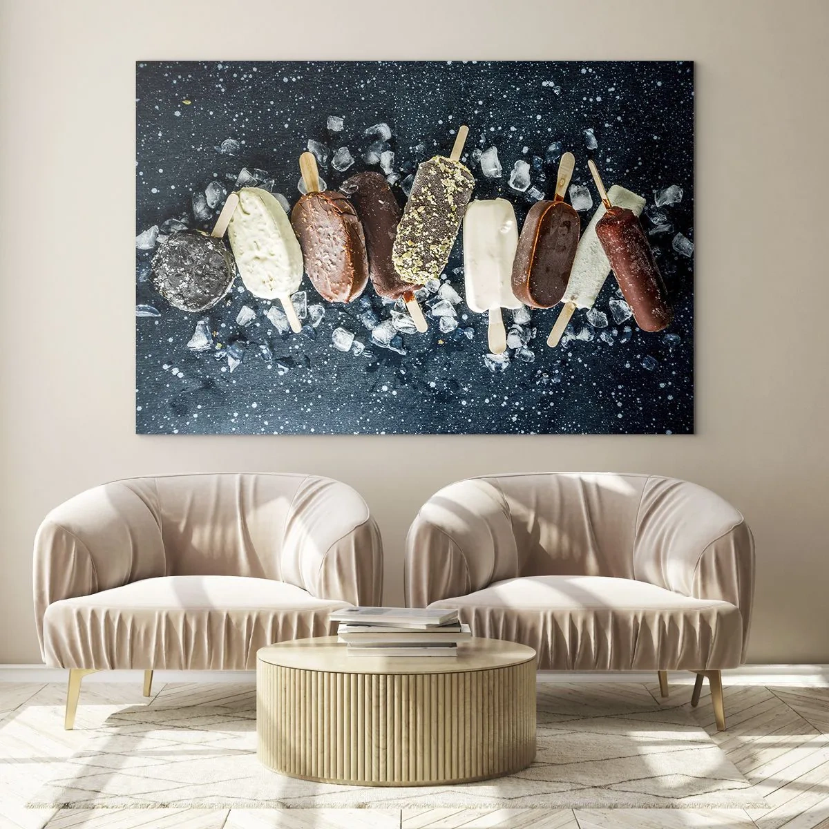 Quadro em vidro - Picolés de vários sabores dispostos em cubos de gelo - 70x50cm - O sabor de um verão quente - Decoração de parede moderna para a sala de estar e quarto ARTTOR