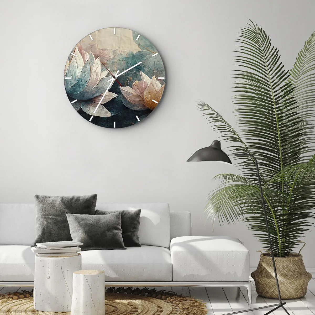 Relógio de parede - Relógio em vidro - Flores de lótus contra o fundo da superfície verde-azulada do lago - 30x30cm - Estrelas do lago - Decoração de parede moderna para a sala de estar, cozinha e quarto ARTTOR