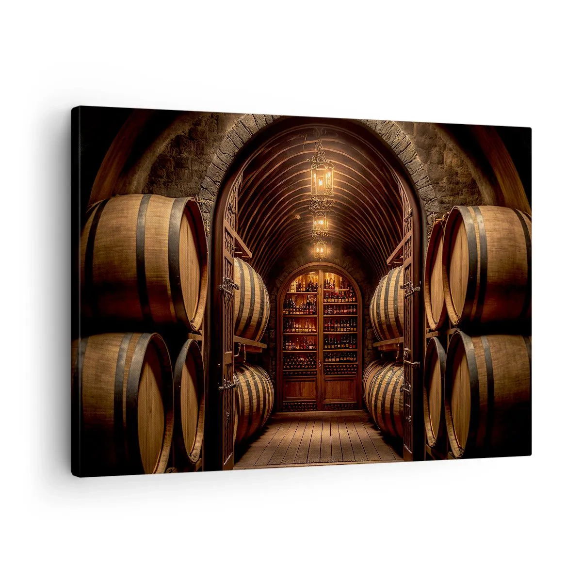 Quadro em tela - Adega com barricas de madeira e prateleiras para vinhos - 70x50cm - Porão atmosférico - Decoração de parede moderna para a sala de estar e quarto ARTTOR