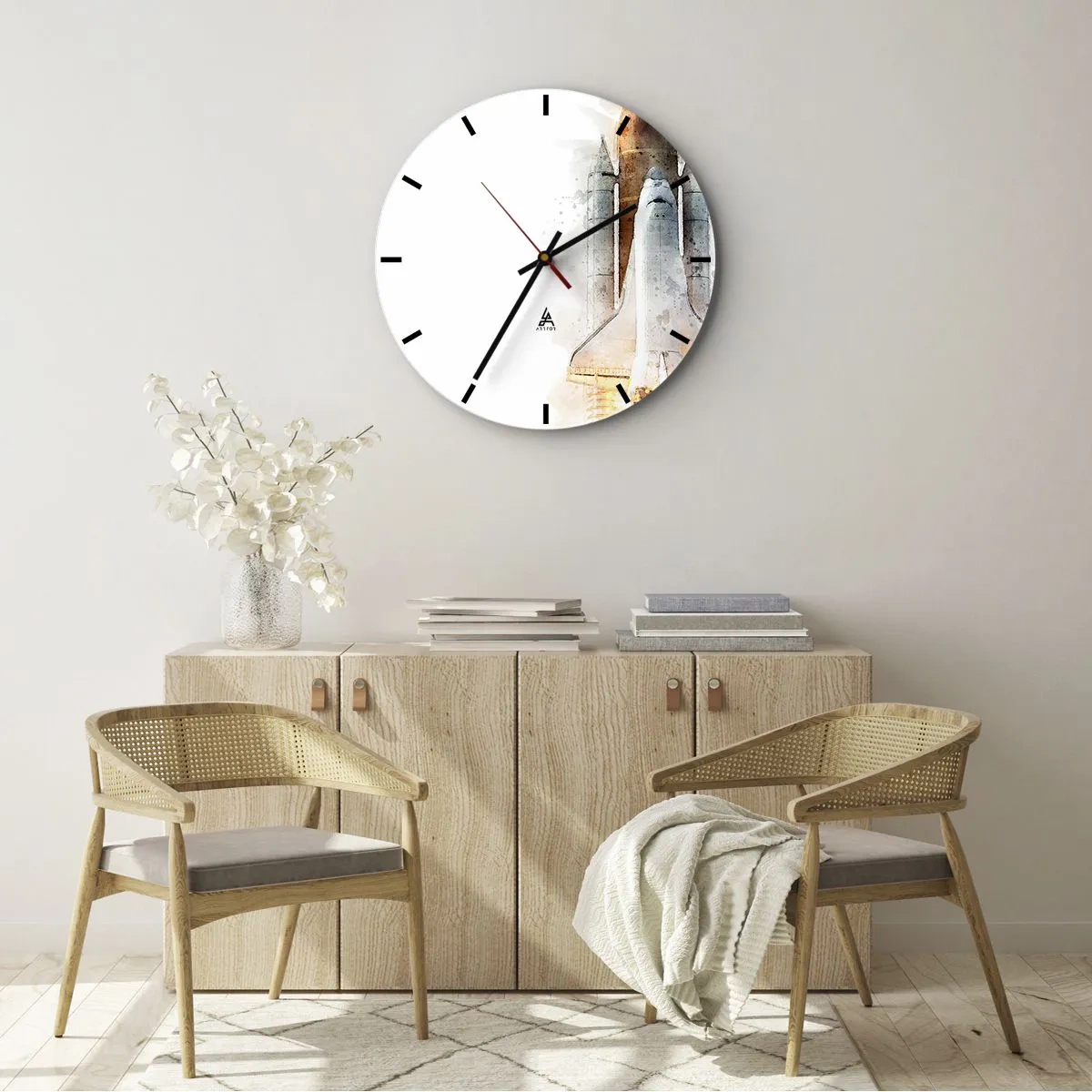 Relógio de parede - Relógio em vidro - Lançamento de foguete em estilo aquarela sobre fundo branco - 30x30cm - Exploradores para iniciantes - Decoração de parede moderna para a sala de estar, cozinha e quarto ARTTOR