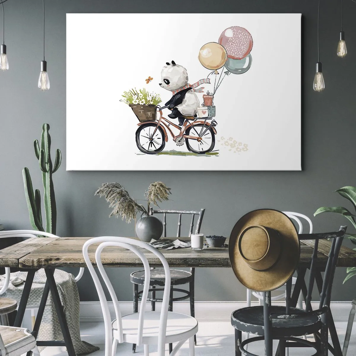 Quadro em tela - Panda em uma bicicleta com balões e flores - 70x50cm - Dia feliz  - Decoração de parede moderna para a sala de estar e quarto ARTTOR