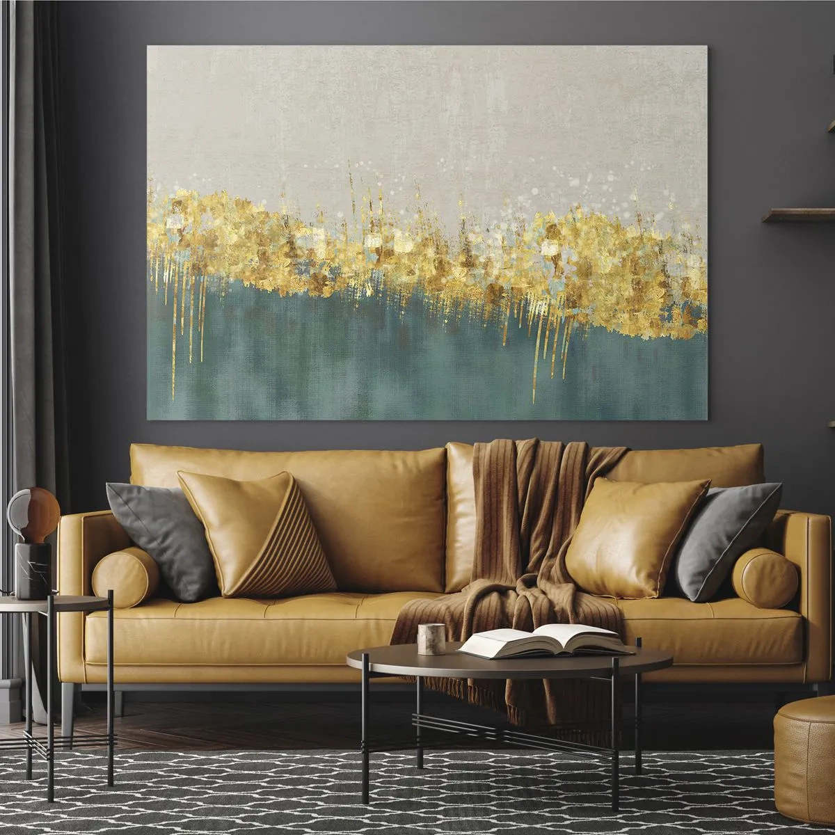 Quadro em vidro - Os detalhes dourados criam uma fronteira entre o bege e o verde garrafa - 70x50cm - A fronteira dourada - Decoração de parede moderna para a sala de estar e quarto ARTTOR