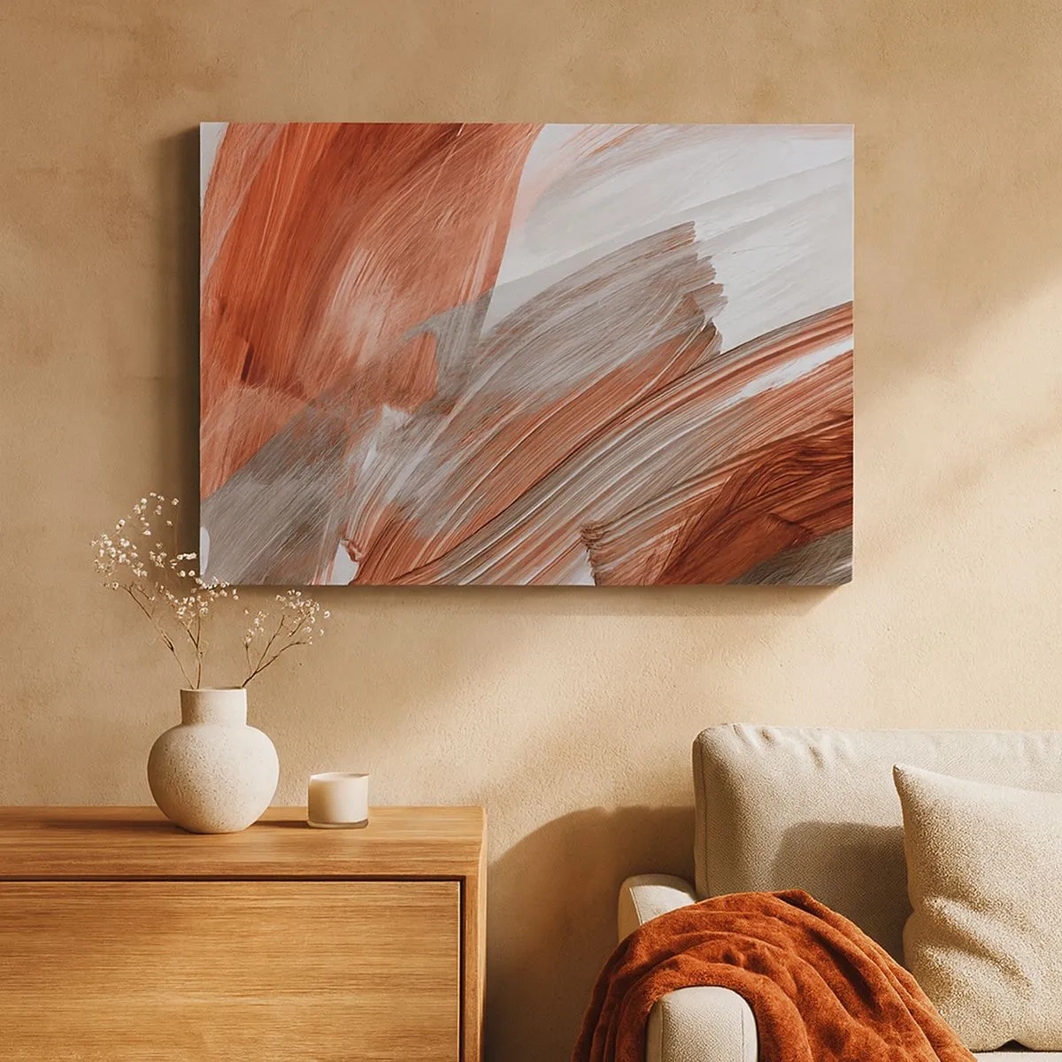Quadro em tela - Pinceladas abstratas em tons de cobre e cinza - 70x50cm - Abstração de outono e vento - Decoração de parede moderna para a sala de estar e quarto ARTTOR