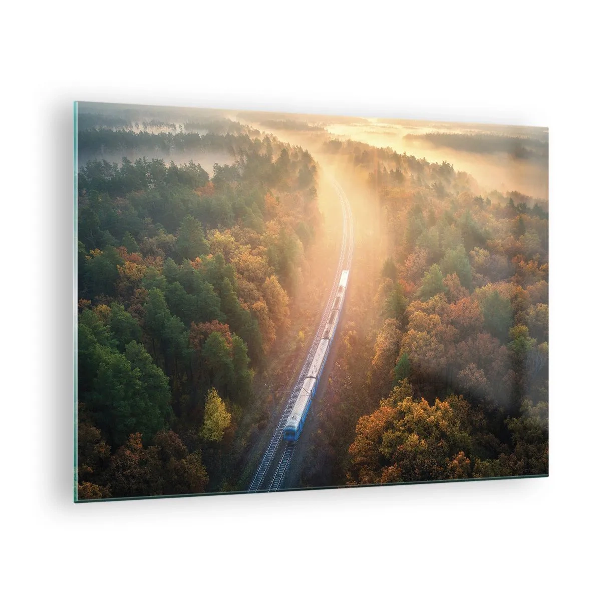 Quadro em vidro - Um trem em um cenário pitoresco de outono, cheio de calor e nostalgia - 70x50cm - Uma viagem de outono - Decoração de parede moderna para a sala de estar e quarto ARTTOR