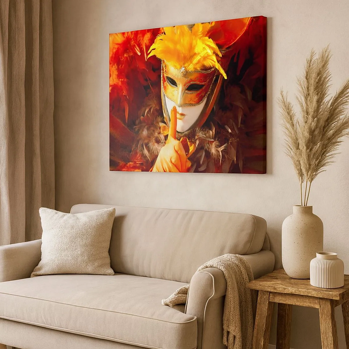 Quadro em tela - Máscara de carnaval em tons de dourado e laranja - 70x50cm - O mistério faz parte do jogo - Decoração de parede moderna para a sala de estar e quarto ARTTOR