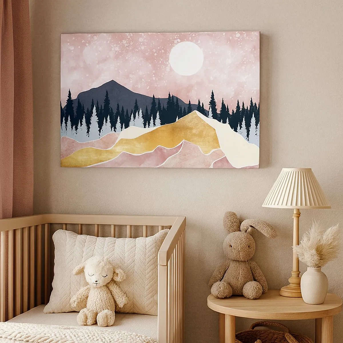 Quadro em tela - Montanhas coloridas contra um céu rosa com uma lua - 70x50cm - Ronda Noturna - Decoração de parede moderna para a sala de estar e quarto ARTTOR