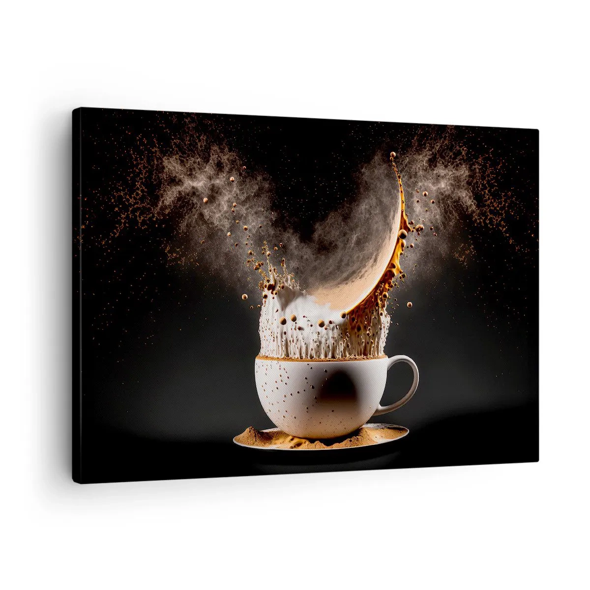 Quadro em tela - Uma xícara de café com uma explosão dinâmica de líquido em um fundo preto. - 70x50cm - Uma explosão de sabor - Decoração de parede moderna para a sala de estar e quarto ARTTOR