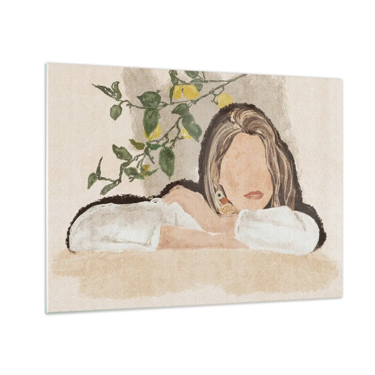 Quadro em vidro - Uma mulher encostada em uma mesa entre os galhos de um limoeiro, com o rosto inexpressivo. - 70x50cm - Beleza do sul - Decoração de parede moderna para a sala de estar e quarto ARTTOR