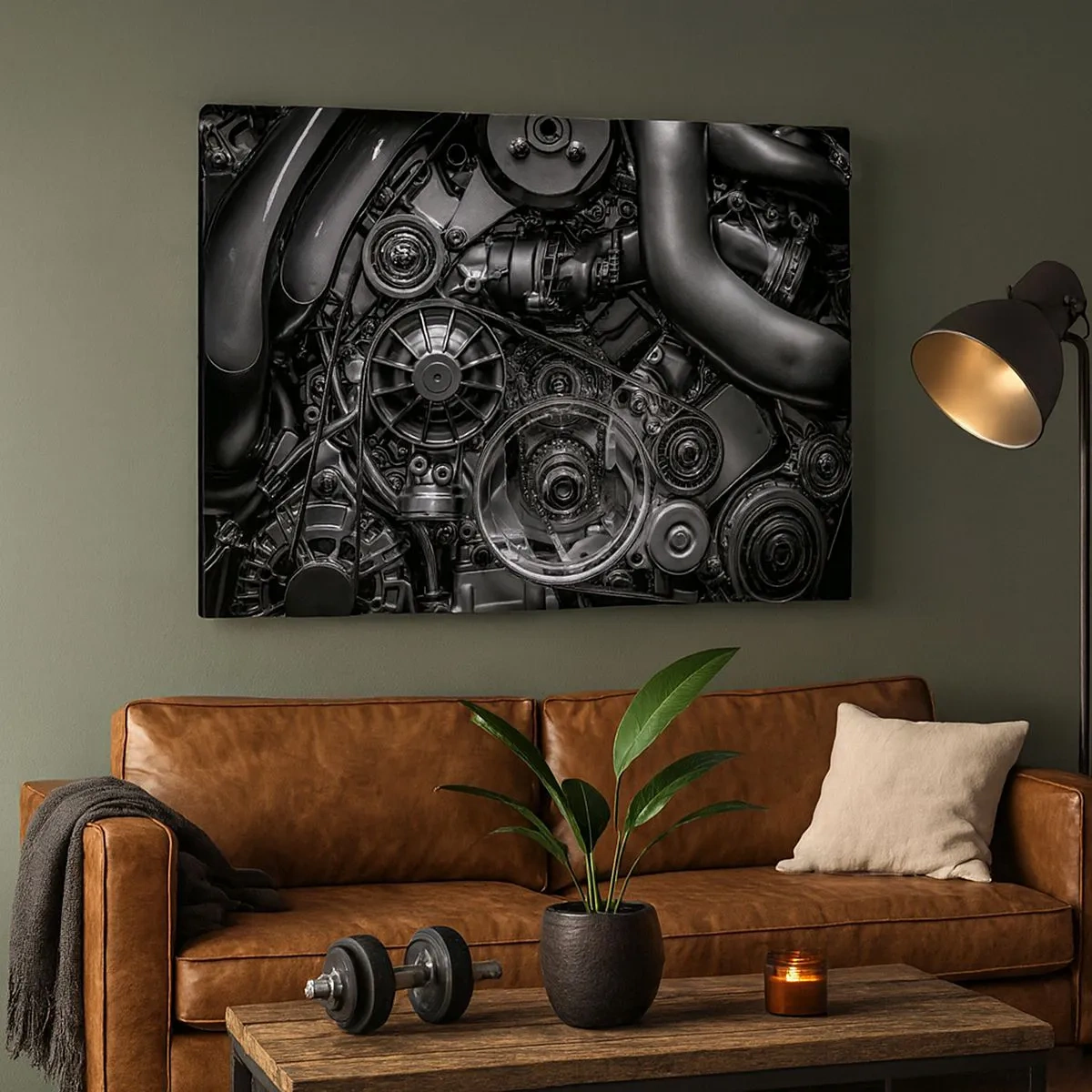 Quadro em tela - Close em preto e branco dos detalhes mecânicos de um motor de carro. - 70x50cm - A poesia da mecánica - Decoração de parede moderna para a sala de estar e quarto ARTTOR