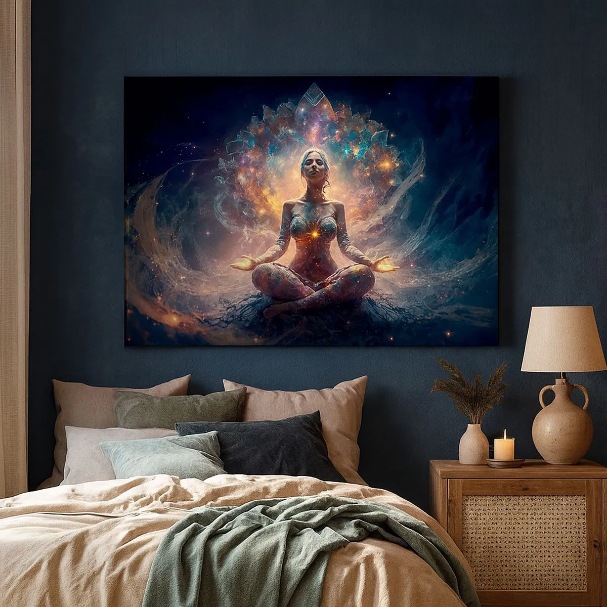 Quadro em tela - Uma figura meditando cercada por padrões e cores energéticas. - 70x50cm - Fluxo de boa energia - Decoração de parede moderna para a sala de estar e quarto ARTTOR