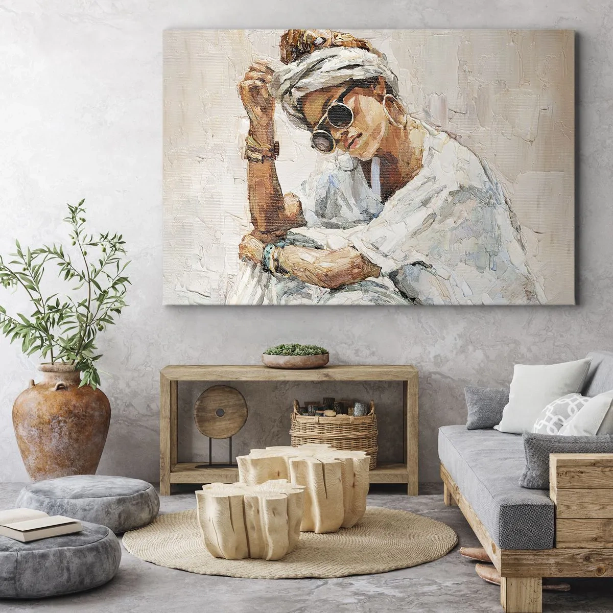 Quadro em tela - Retrato de uma mulher usando óculos de sol contra uma parede clara - 70x50cm - Retrato em pleno sol - Decoração de parede moderna para a sala de estar e quarto ARTTOR