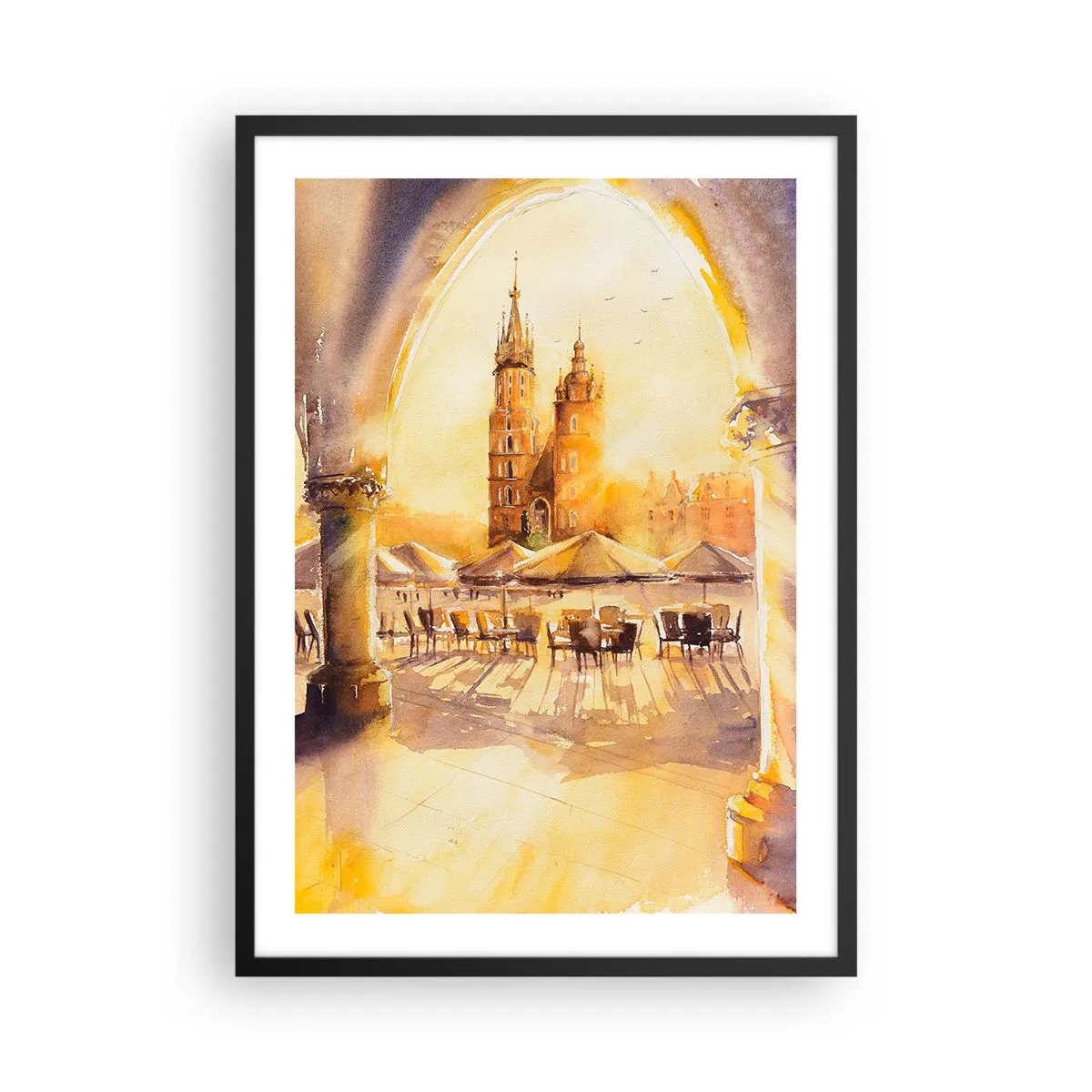 Pôster com moldura preta - Uma aquarela representando a praça do mercado de Cracóvia ao pôr do sol. - 50x70cm - Pôr do sol na praça do mercado de Cracóvia - Decoração de parede moderna para a sala de estar e quarto ARTTOR