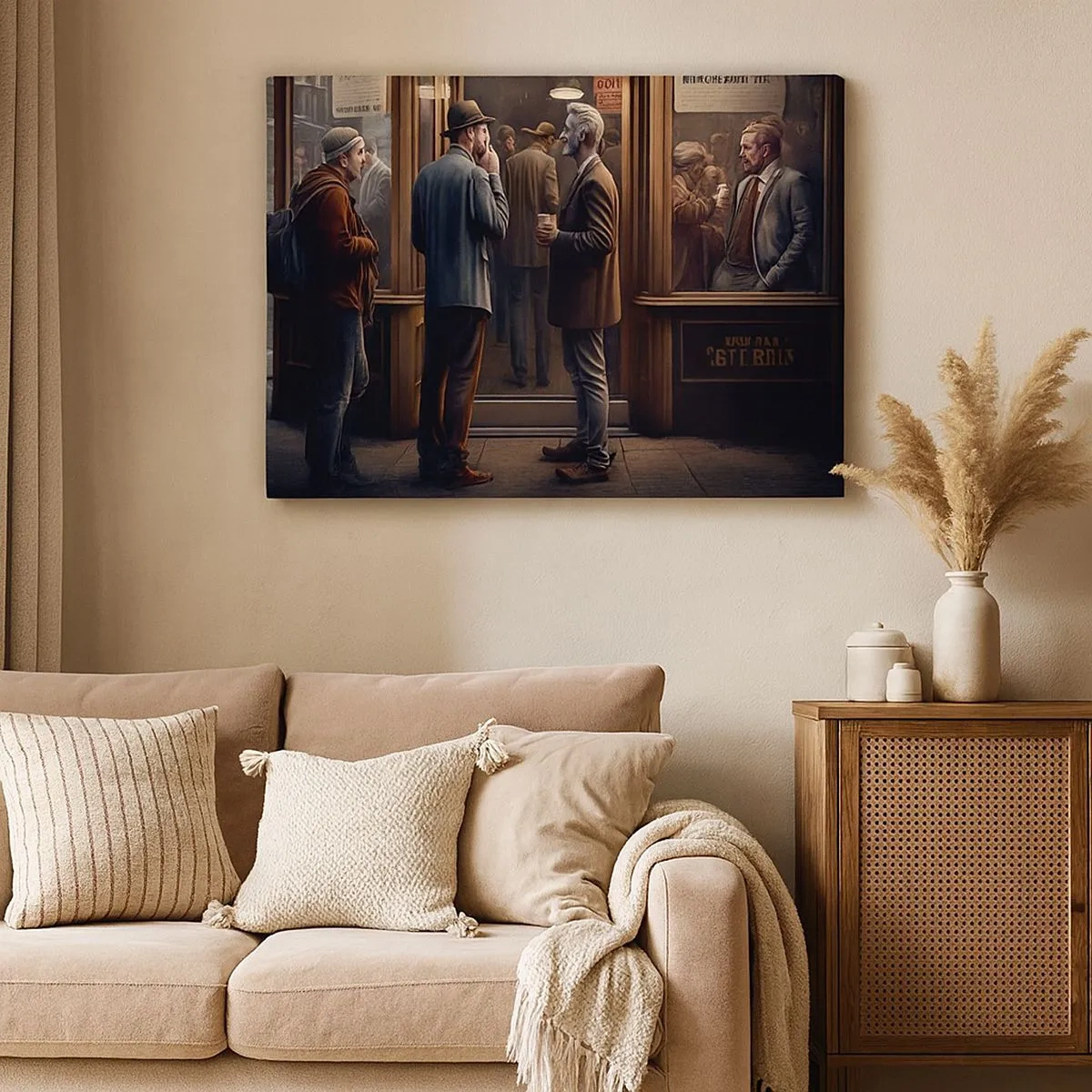 Quadro em tela - Cena de rua com pessoas em frente a um café retrô - 70x50cm - Boa hora do dia - Decoração de parede moderna para a sala de estar e quarto ARTTOR