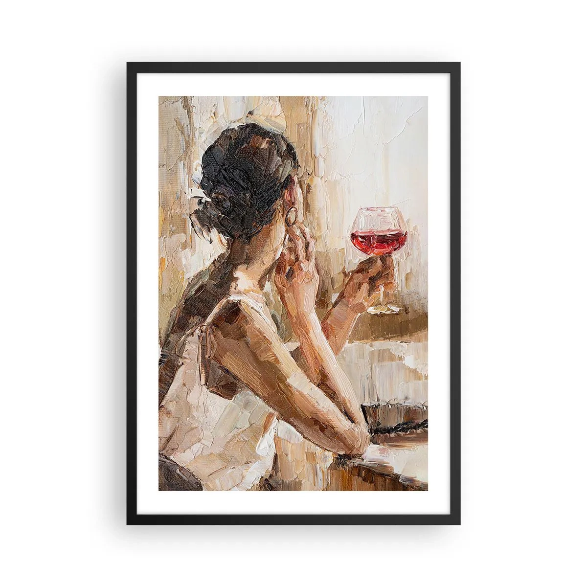 Pôster com moldura preta - Uma mulher segurando uma taça de vinho, com um olhar pensativo - 50x70cm - O sabor de um bom momento - Decoração de parede moderna para a sala de estar e quarto ARTTOR