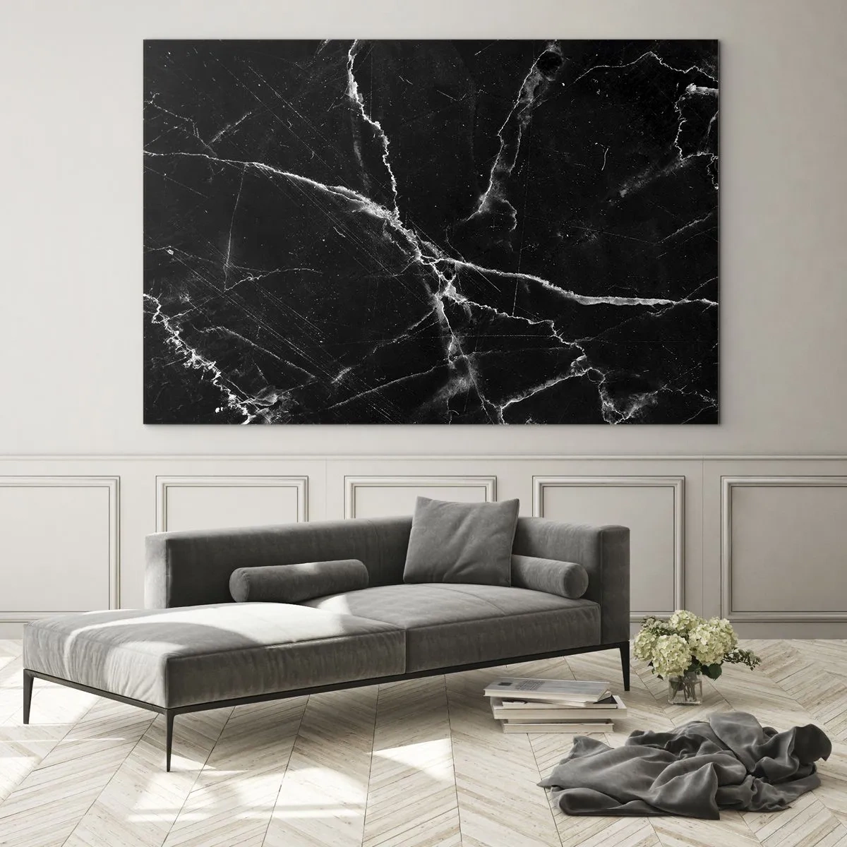 Quadro em vidro - Superfície de mármore preto com veios claros - 70x50cm - A vida secreta da pedra - Decoração de parede moderna para a sala de estar e quarto ARTTOR
