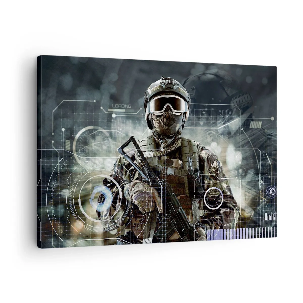 Quadro em tela - Um soldado com um capacete futurista e uma arma em meio à tecnologia. - 70x50cm - Poder para poder - Decoração de parede moderna para a sala de estar e quarto ARTTOR