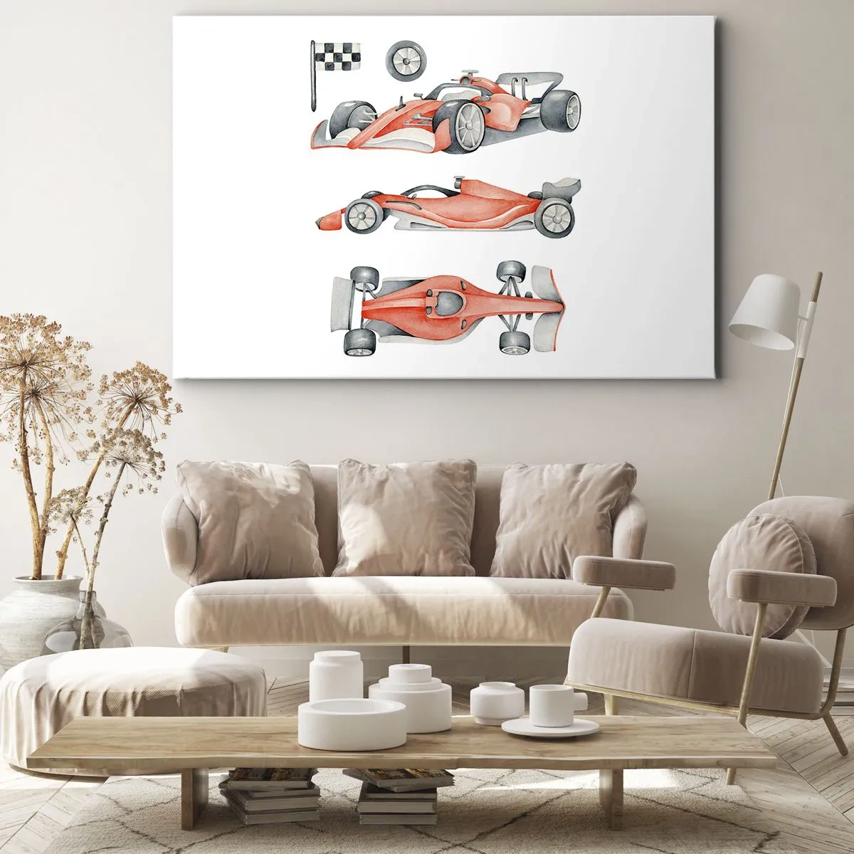 Quadro em tela - Um carro de corrida vermelho com uma bandeira quadriculada - 70x50cm - Persiga seu sonho - Decoração de parede moderna para a sala de estar e quarto ARTTOR
