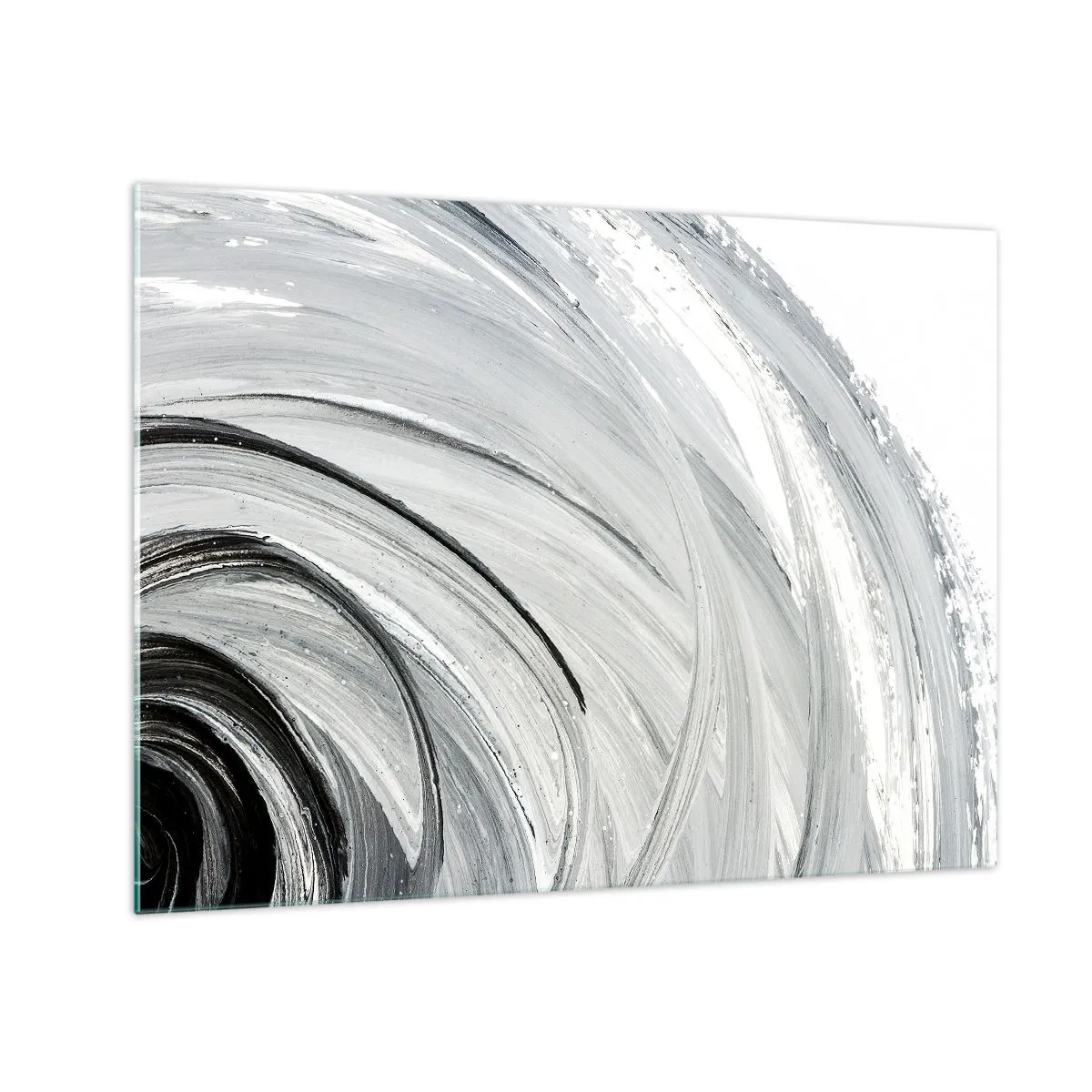 Quadro em vidro - Uma espiral preta e branca com pinceladas dinâmicas. - 70x50cm - Composição orbital - Decoração de parede moderna para a sala de estar e quarto ARTTOR
