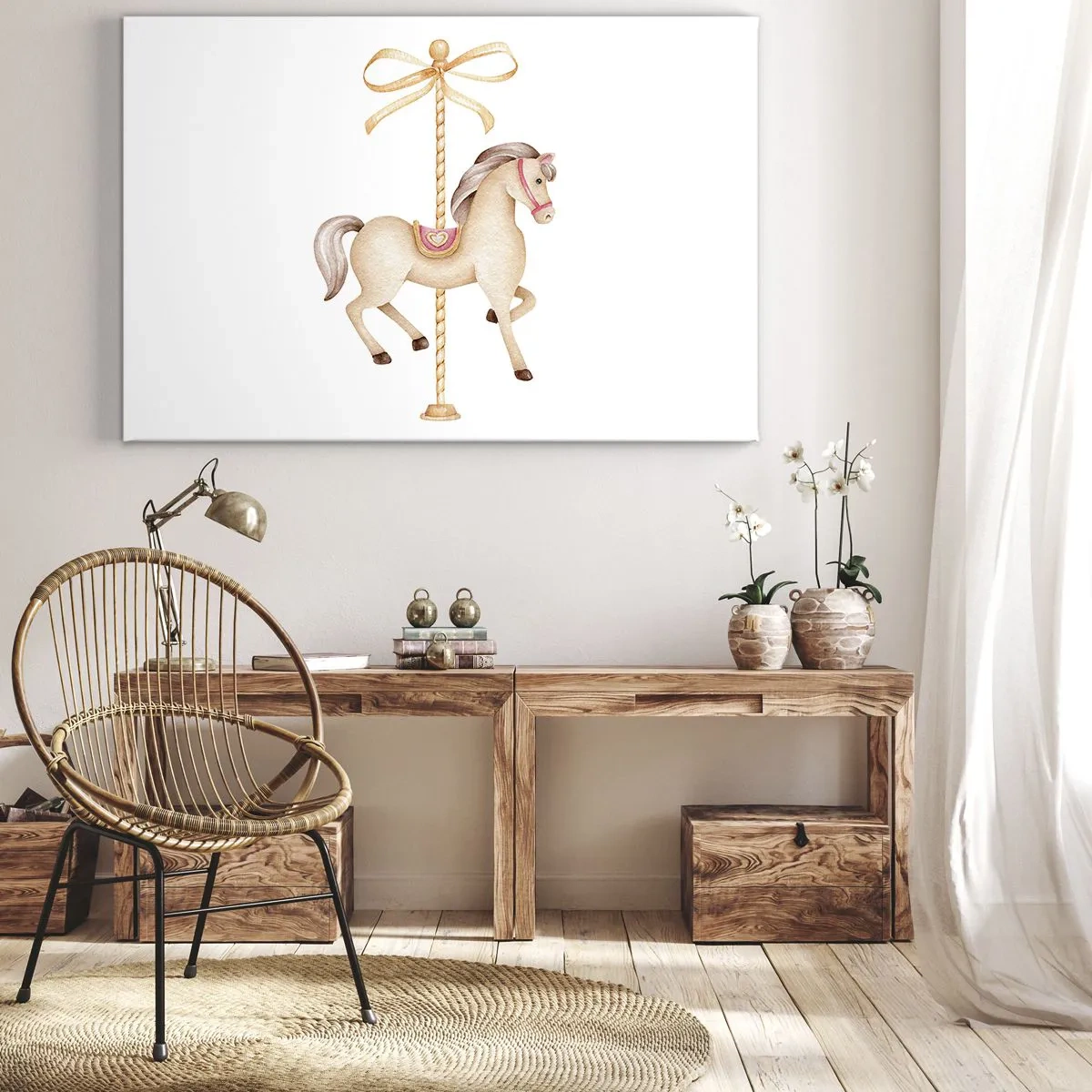 Quadro em tela - Um cavalo de carrossel com um arco em delicados tons pastéis - 70x50cm - Um trote gracioso - Decoração de parede moderna para a sala de estar e quarto ARTTOR